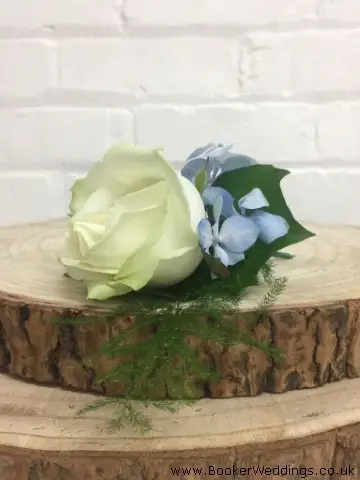 Fancy Buttonhole White Rose Blue Hydrangea And Asparagus Fern